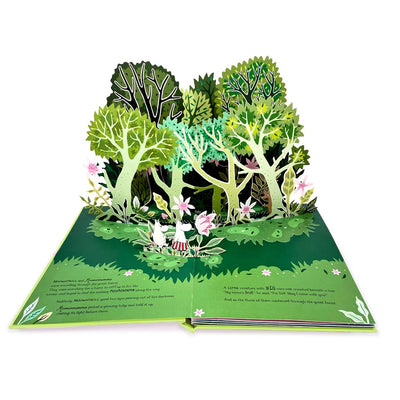 Pop-up book with a forest scene and animals on a white background