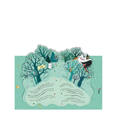 Illustrated map of a forest with trees and a bird, featuring text on a white background.