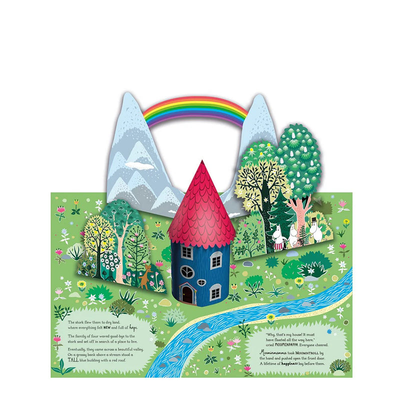 Illustrated scene with a red-roofed house, rainbow, mountains, and trees on a green background.
