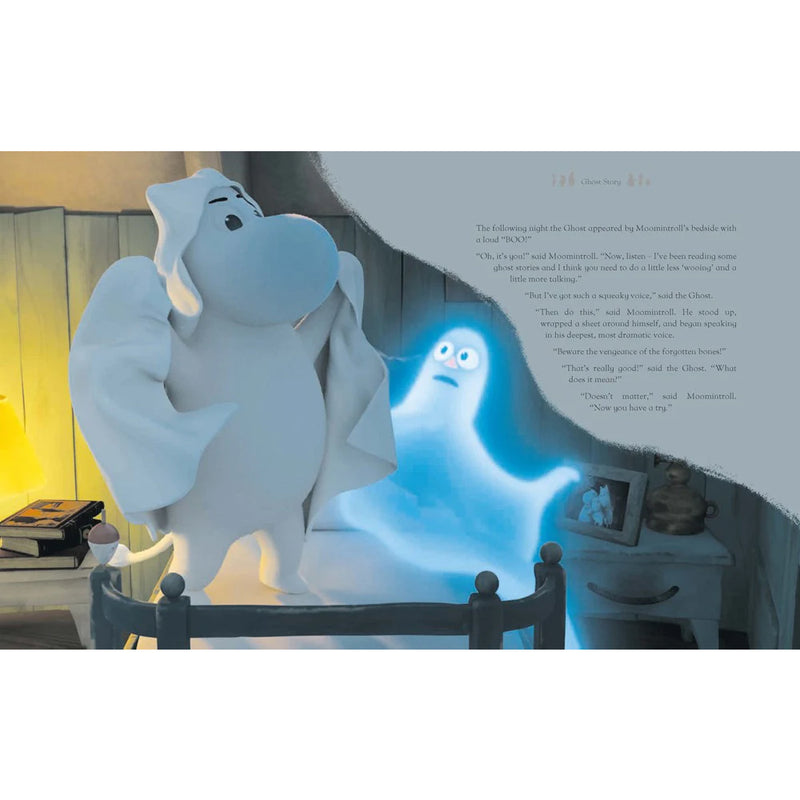 Illustration of a ghostly figure in a room with a bed and books.