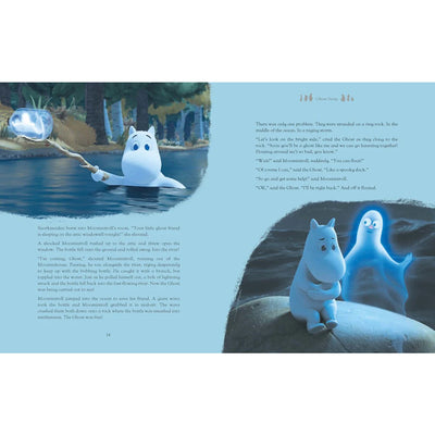 Illustrated book page with two animated characters by a lake, one holding a glowing object.