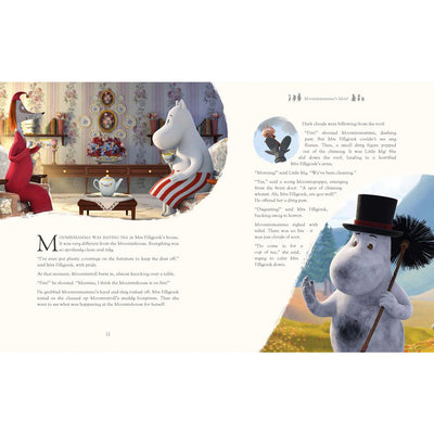Illustrated book page with Moomin characters in a room and outdoors.