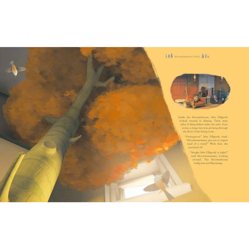 Illustrated book page with a large tree and a small house, featuring warm colors.