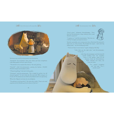 Illustrated book page with characters and text, featuring a large white creature and a child.