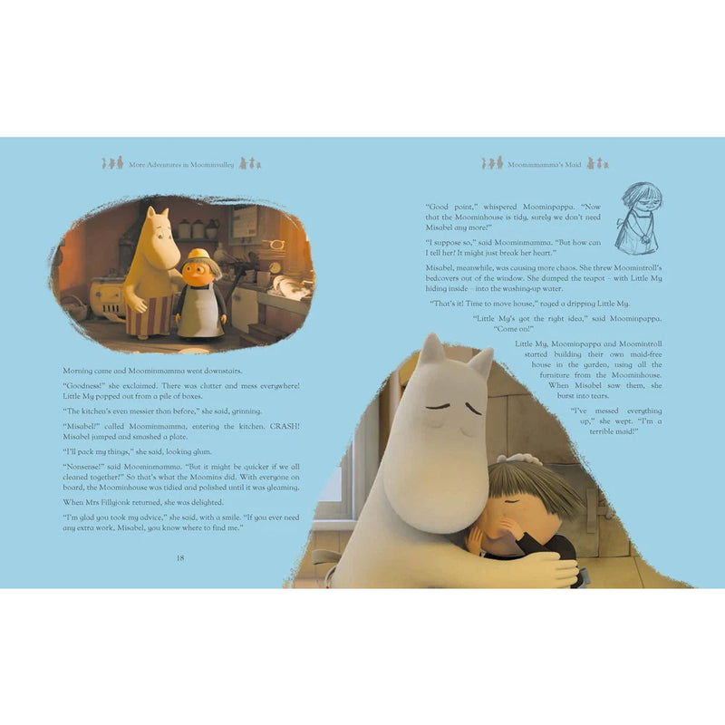 Illustrated book page with characters and text, featuring a large white creature and a child.