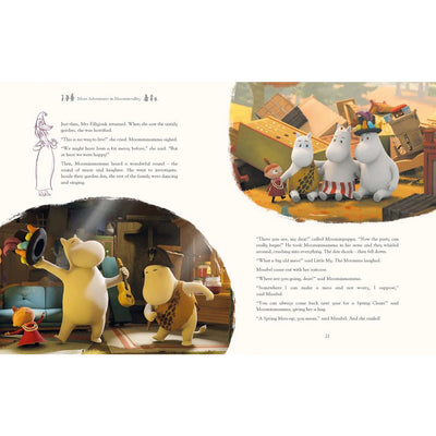 Illustrated book pages with cartoon characters in a room setting