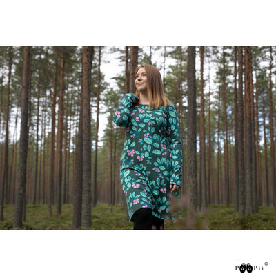 Posing in woods with Paapii Sini Dress Lingonberry