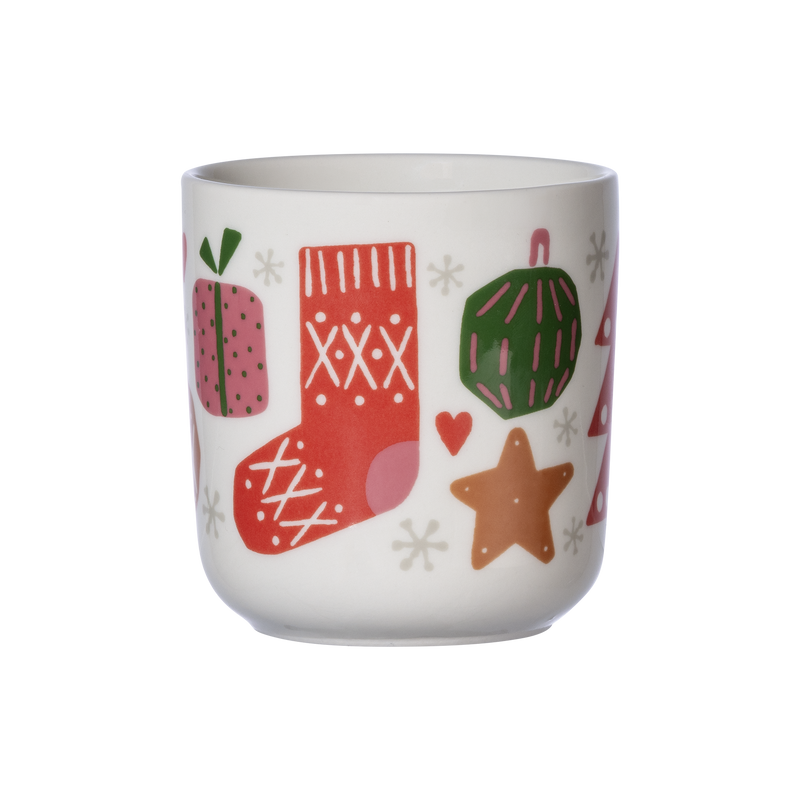 White mug with colorful Christmas-themed designs on a white background