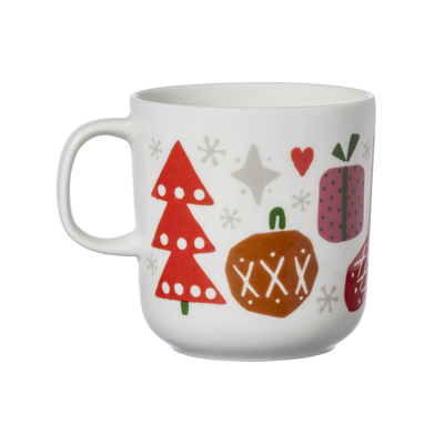 White mug with colorful Christmas-themed illustrations on a white background