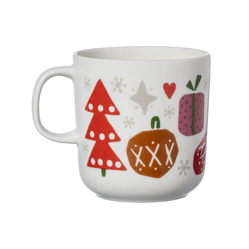 White mug with colorful Christmas-themed illustrations on a white background