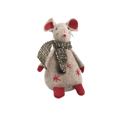 Stuffed mouse toy with a patterned scarf on a white background