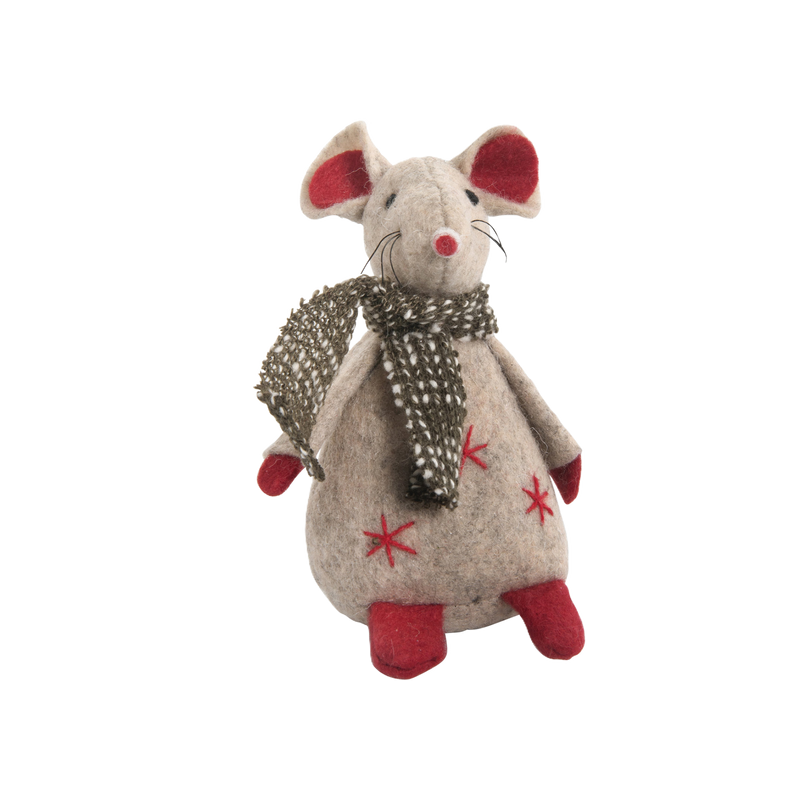 Stuffed mouse toy with a patterned scarf on a white background