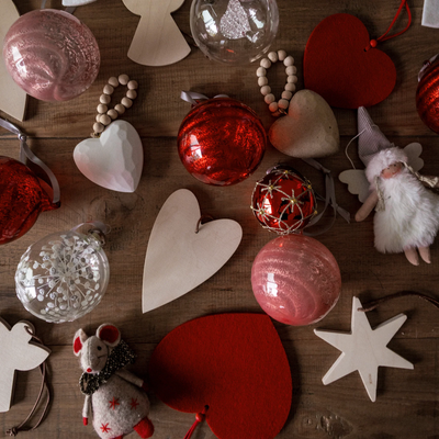 tableful of festive pentik ornaments