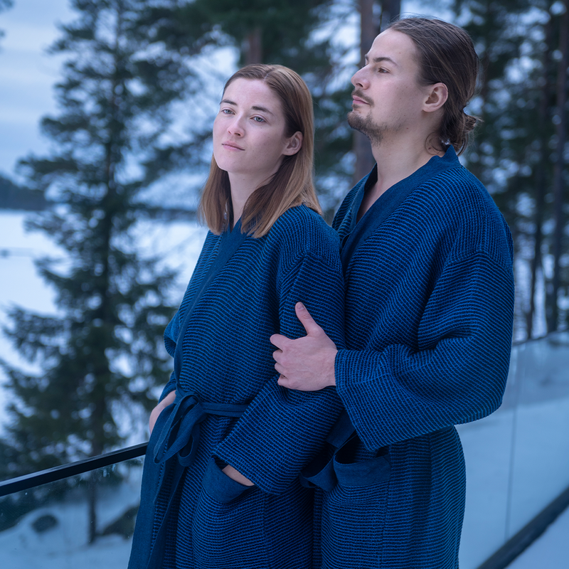 couple wearing Rento Kenno Bathrobe, dark blue