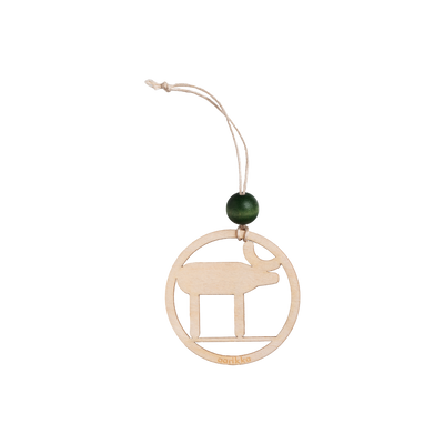 Decorative hanging ornament with a circular design featuring a deer silhouette and a green bead on a white background.