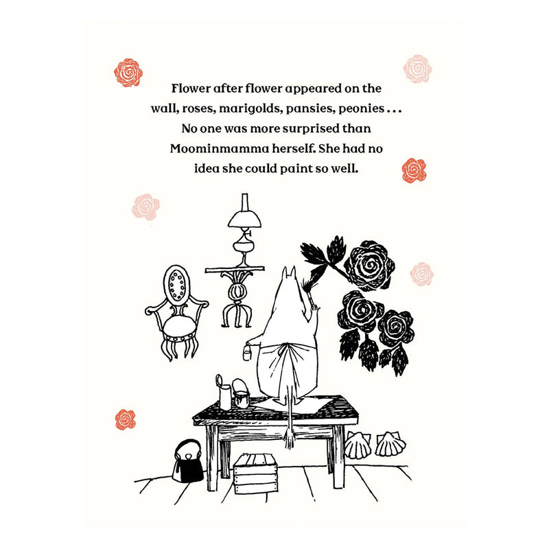 Illustration of a character painting flowers on a wall with text about Moominmamma&