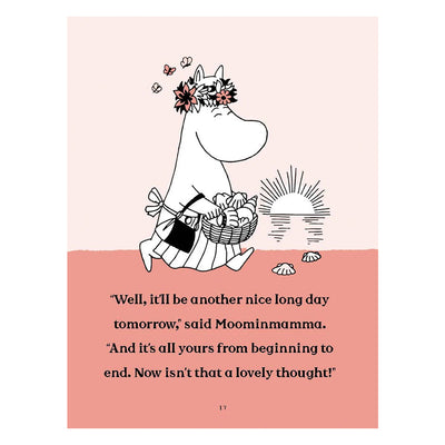 Illustration of Moominmamma with a flower crown and basket, with text on a pink background