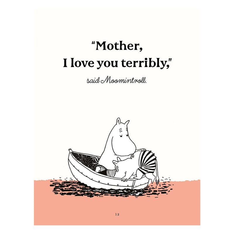 Illustration of Moomintroll and his child in a boat with text &