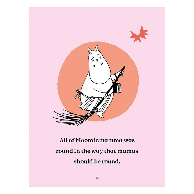 Illustration of Moominmama with a broom on a pink background with text.