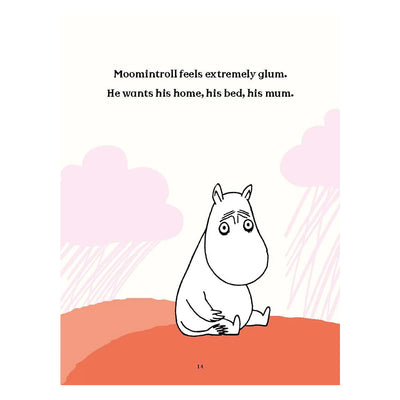 Moomintroll sitting on a red surface with pink clouds and text above.