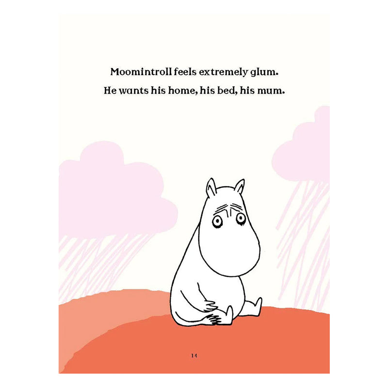 Moomintroll sitting on a red surface with pink clouds and text above.