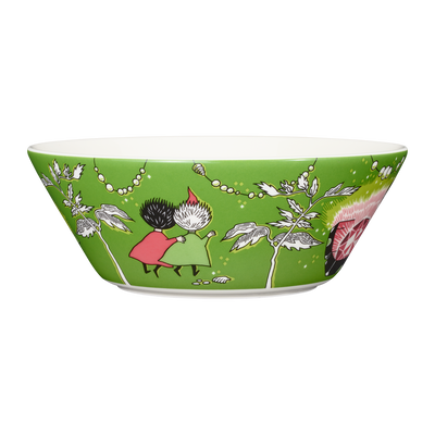Green bowl with cartoon characters and floral design on a white background