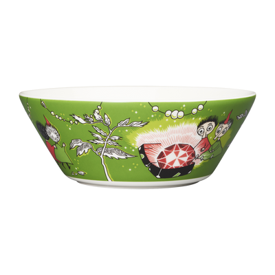 Decorative bowl with a green background and colorful illustrations on a white background