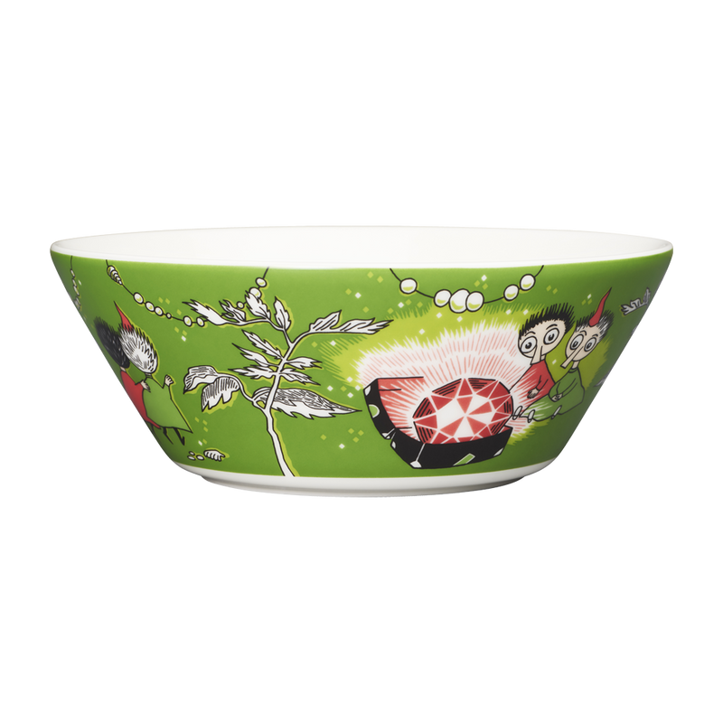 Decorative bowl with a green background and colorful illustrations on a white background