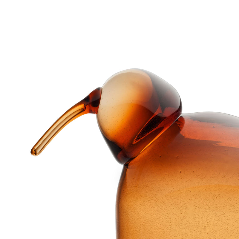 Close-up of an amber-colored glass bottle with a narrow neck and wide base.