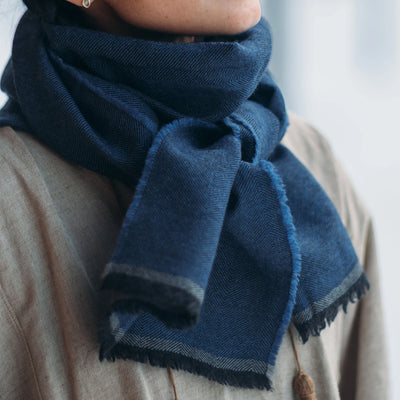 Person wearing a blue scarf with a blurred background