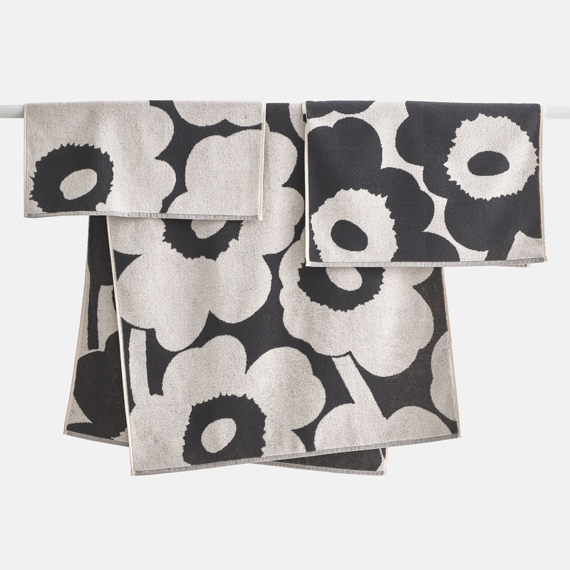 marimekko bathroom towels hanging up