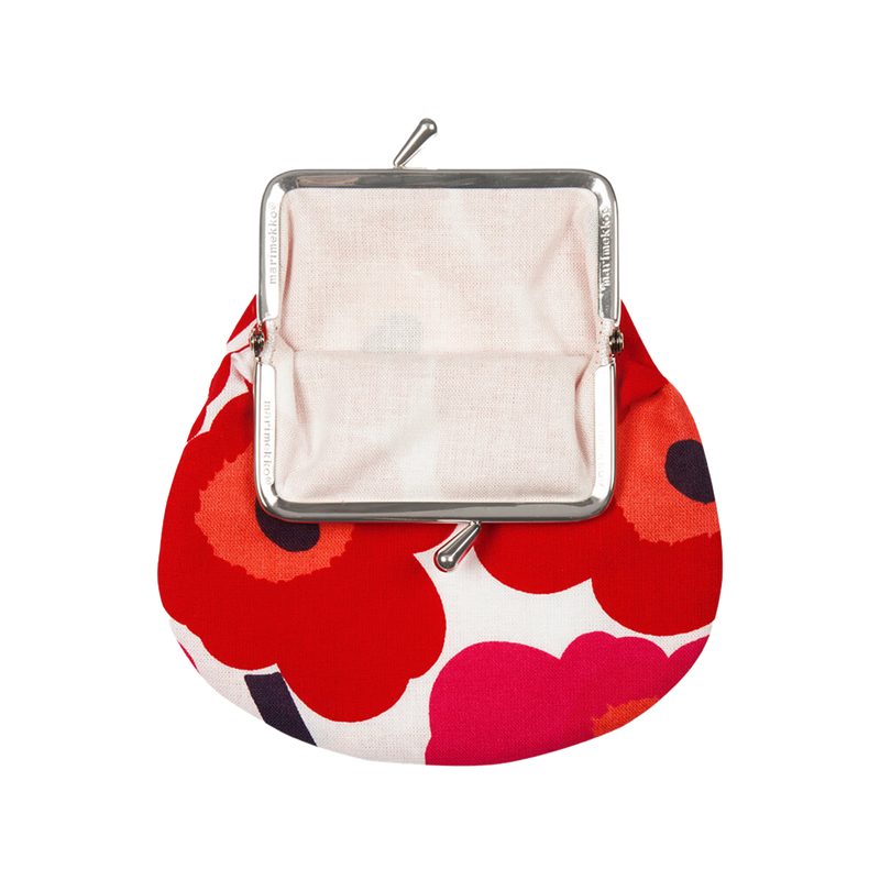 Red floral patterned clutch bag with a metal clasp on a white background