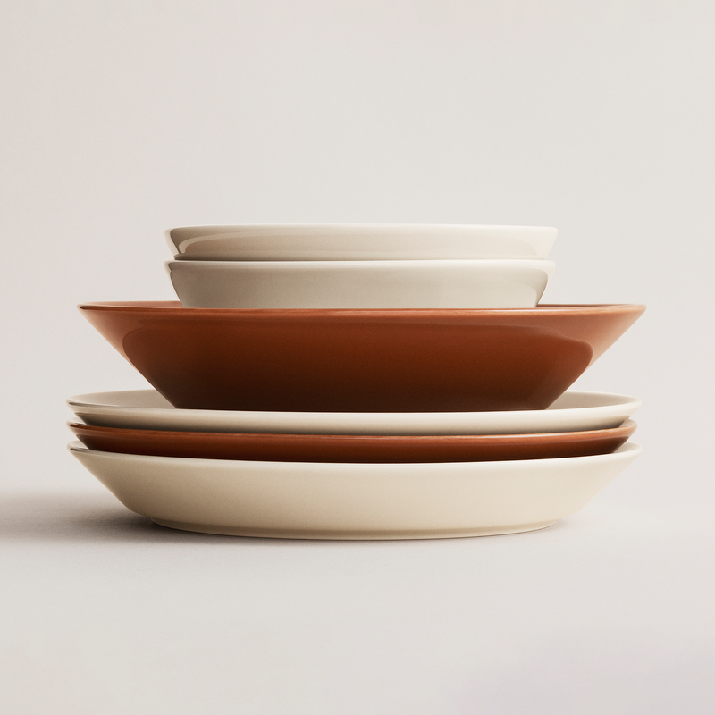 stackable teema dinnerware in vintage brown and white