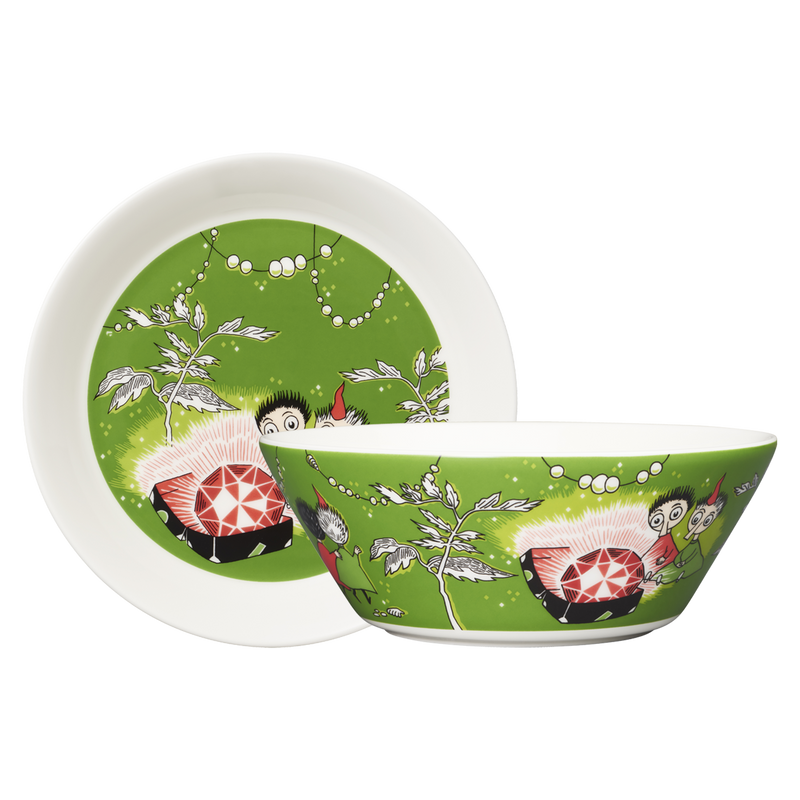 Set of two ceramic bowls with green and white design featuring cartoon characters on a white background.