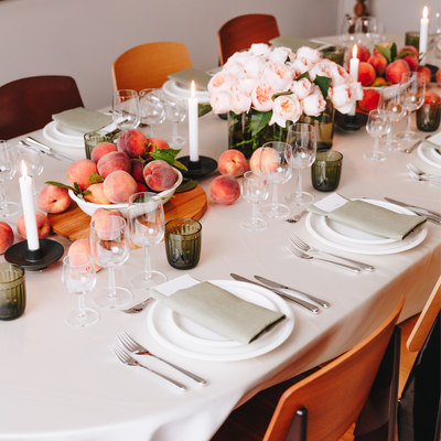 festive table of white dinnerware