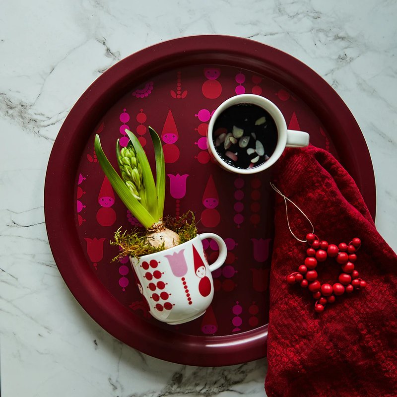 Aarikka Tonttu Tin Tray holding coffee cups and towel