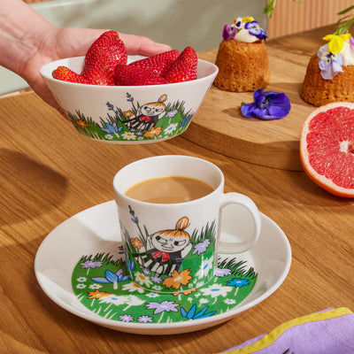 Arabia Moomin Little My and Meadow dinnerware in use for tea time