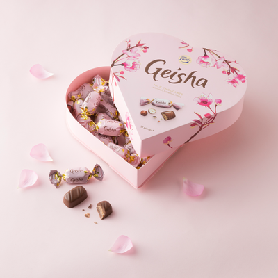 Opened box of Fazer Geisha Heart Shaped Milk Chocolates