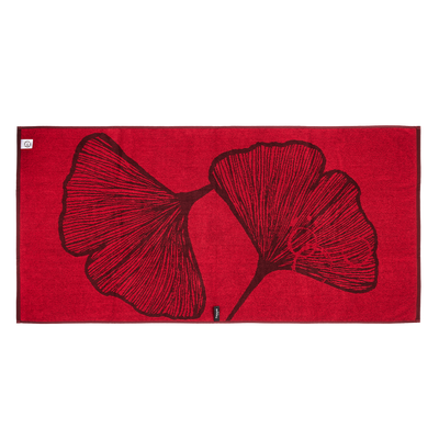 reverse side of Finlayson Elämän Bath Towel with bright red main color and dark red accents