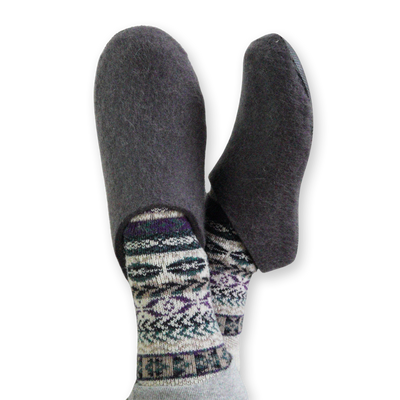 Lahtiset Dark Grey Slippers worn with patterned socks