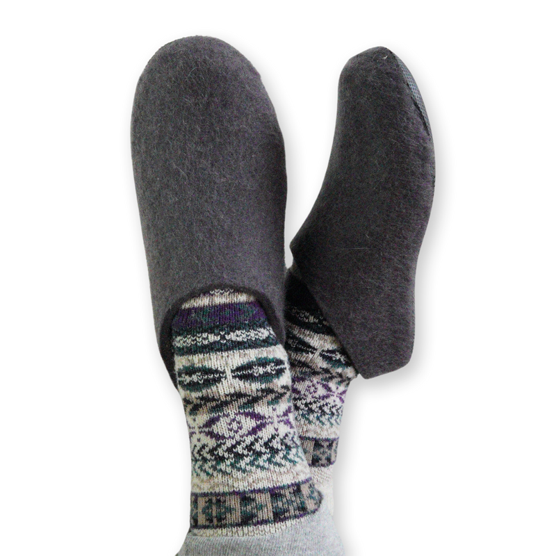 Lahtiset Dark Grey Slippers worn with patterned socks