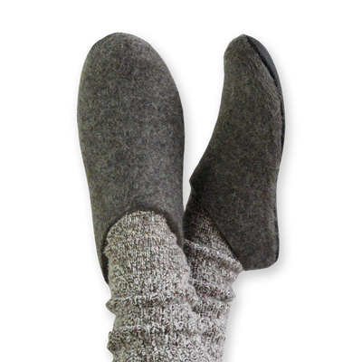 Lahtiset Light Grey Felt Slippers w/ Rubber Sole worn with tan socks