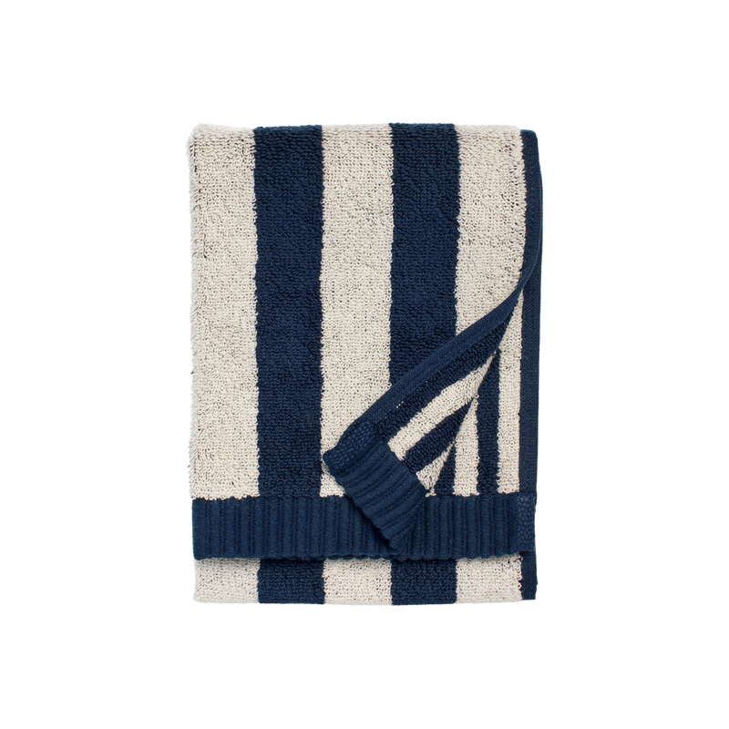 Folded Marimekko Kaksi Raitaa Guest Towel, sand/blue