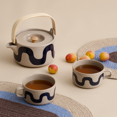 Display of Marimekko Seireeni Teacups and Teapot