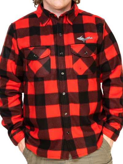 Man wearing red UP Red Button-Up Fleece