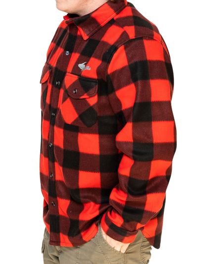 Side of man wearing red UP Red Button-Up Fleece