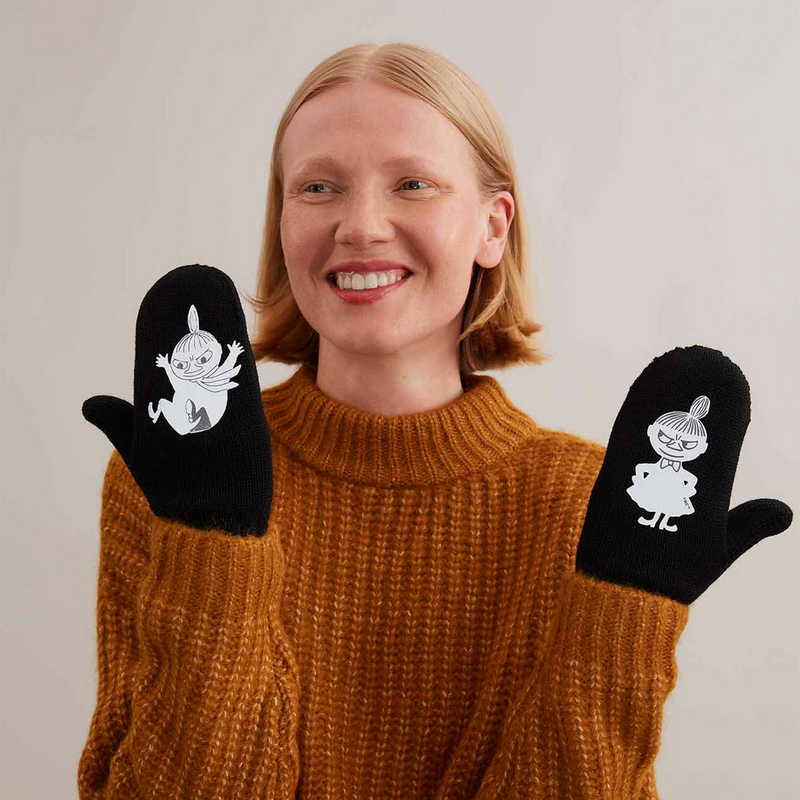 Woman holding up hands while wearing Moiko Little My Merino Wool Mittens 