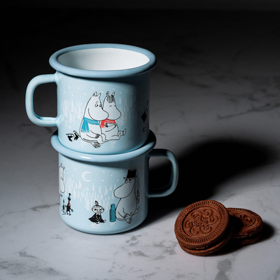 Two Muurla Moomin Day on Ice Mugs stacked on top of eachtoher