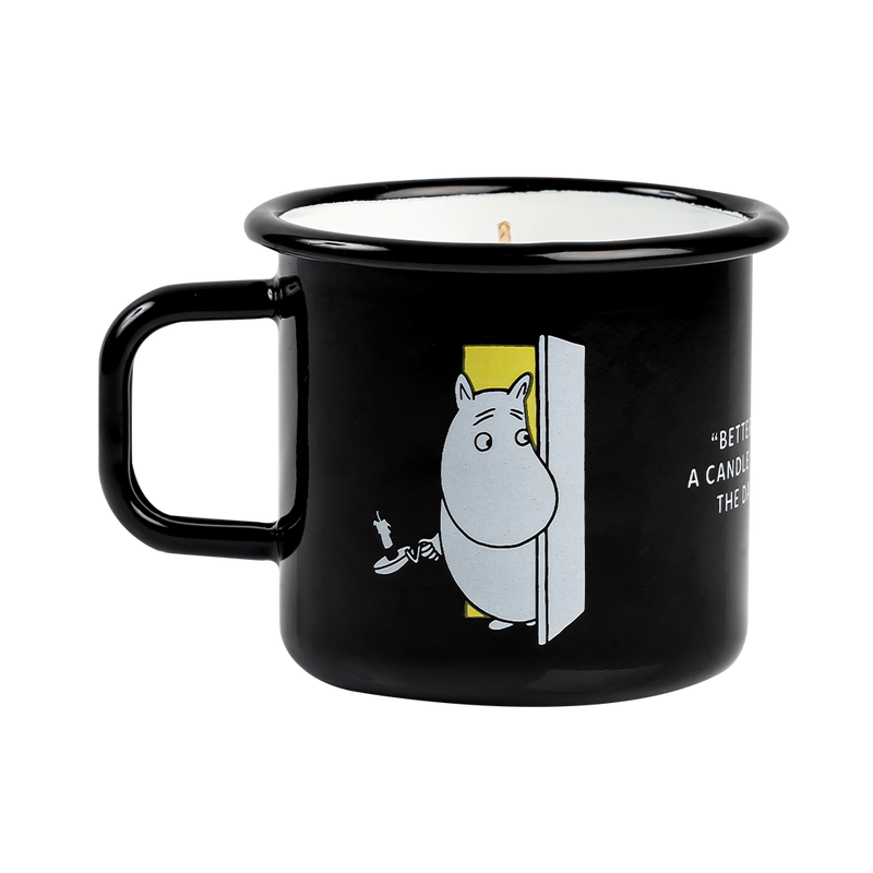Back side of Muurla Moomin Enamel Mug w/ Candle with Moominpappa