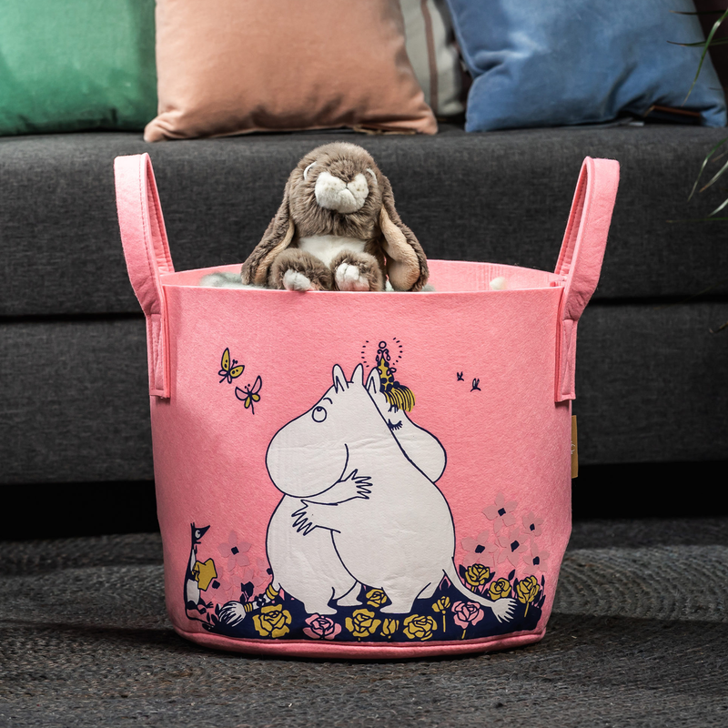 Muurla Moomin Hug Storage Basket on floor with plush toy inside